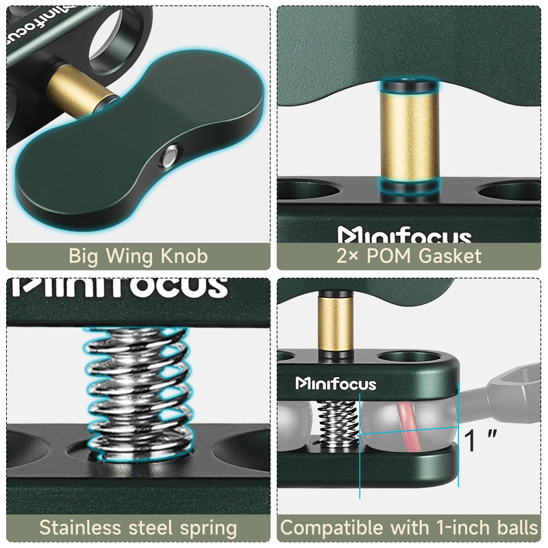 [AUSTRALIA] - Aluminum 1" Ball Clamp Mount, Double Socket Arm, 360° Spring Clip Adapter Bracket Holder for Underwater Diving Photography System, Compatible with B Size 1" Ball Components for RAM 1 Packs Dark Green 