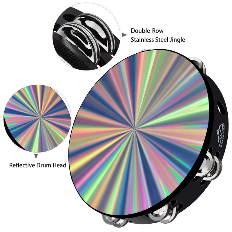 EASTROCK Radiant Tambourine Hand Held Drum 10 Inch Double Row Jingles Reflective Tambourine Musical Instrument for Adults Church KTV Party (2 Packs) 10 inch (2 Pack)