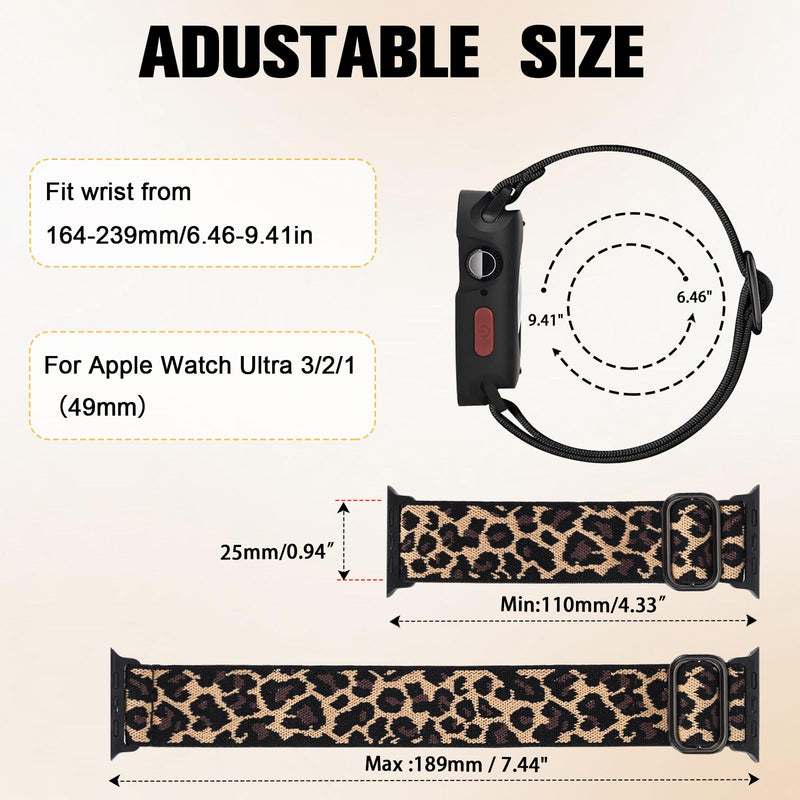 2-in-1 Stretchy Leopard Band Bumper Case for Apple Watch Series 9 SE Ultra | Elastic Cheetah Print Nylon Watch Strap Soft Protective Cover for Women Compatible with iWatch 40/41/44/45/49mm Sport Brown + Black 49mm for iWatch Ultra 3/2/1