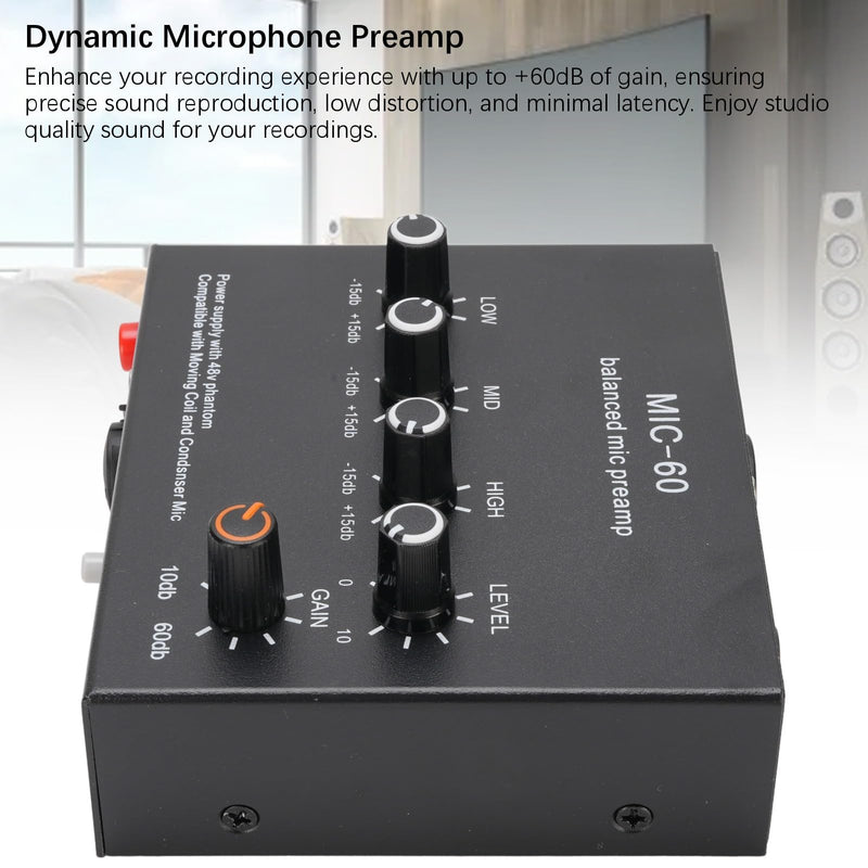 Microphone Preamp Mic Gain Booster 3 Input with 48V Power, XLR Balanced, 3.5mm/6.35mm Output, for Dynamic and Condenser Mic (with 3.5mm Sound Cable) With 3.5mm Sound Cable