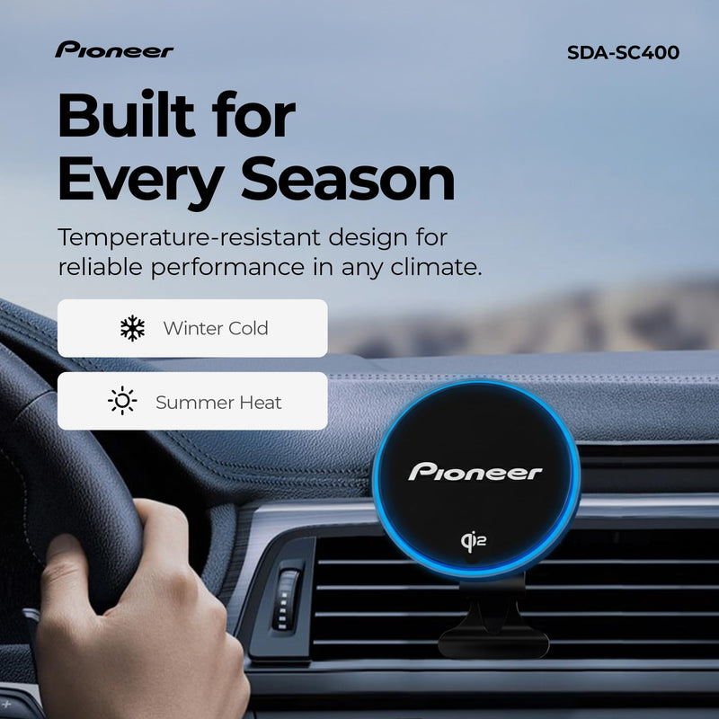 Pioneer Qi2 MagSafe Wireless Car Charger and Phone Mount | MagSafe Compatible, Air Vent Mount, Blue Illumination, Includes Metal Ring MagSafe Wireless Charger