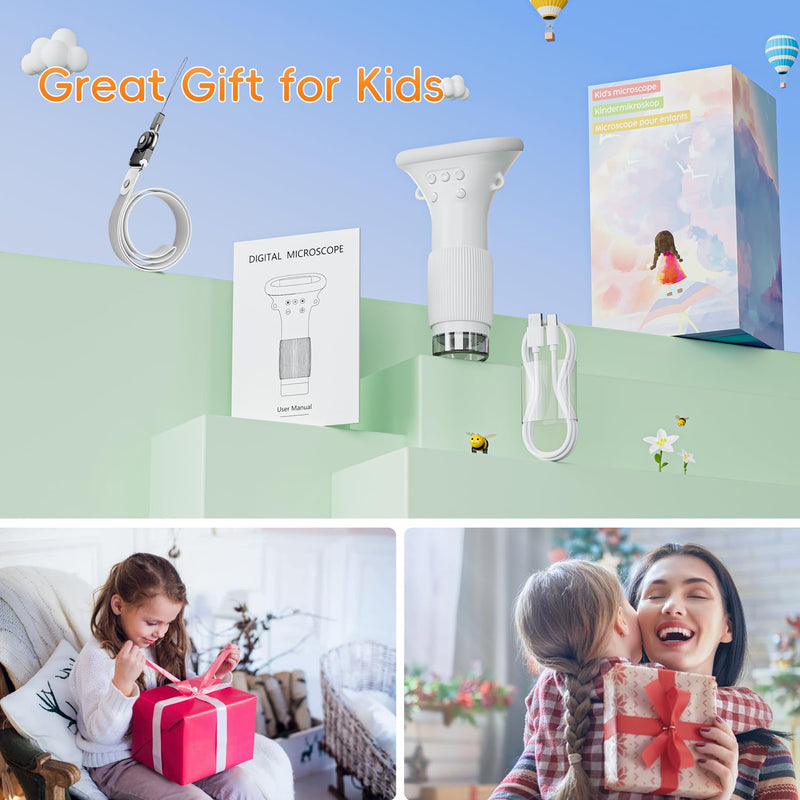 Digital Microscope for Children, SGAINUL 1000x Zoom Mini Microscope Camera for Children with 2.0 Inch Screen Children's Microscope Birthday Gifts for Ages 6 7 8 9 10 11 12 Years (White)