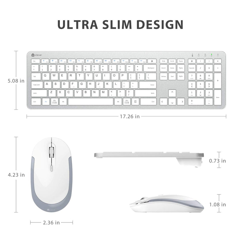iClever GK08 Wireless Keyboard and Mouse - Rechargeable Keyboard Ergonomic Quiet Full Size Design with Number Pad, 2.4G Stable Connection Slim White Keyboard and Mouse for Windows Mac OS Computer Silver