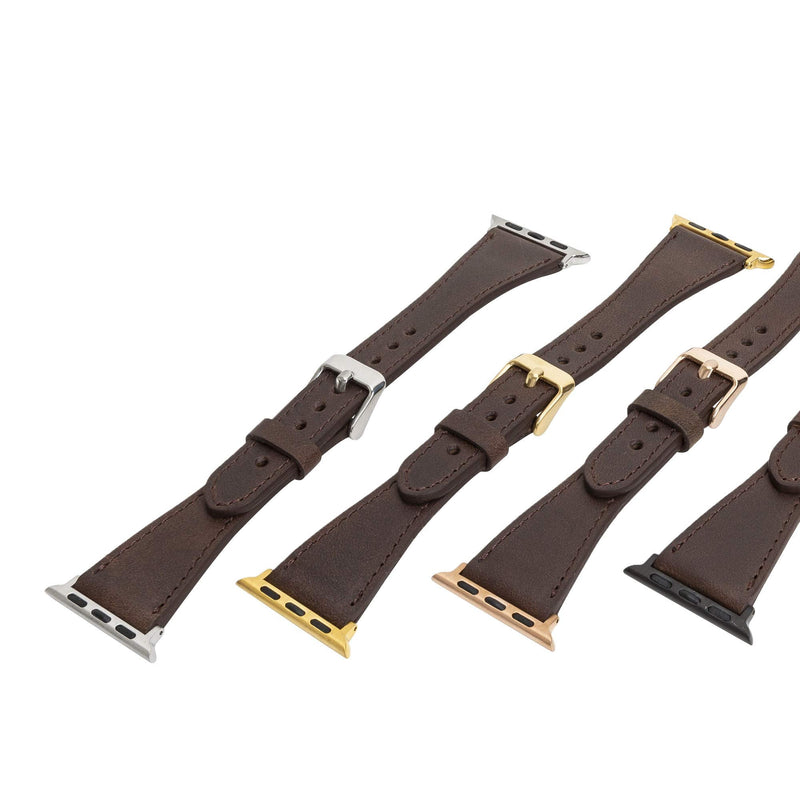 Venito Messina Leather Slim Watch Band Compatible with Apple Watch Ultra 2 / Ultra Series 9 8 7 6 5 4 3 2 1 SE 49mm 45mm 44mm 42mm 41mm 40mm 38mm Tiana Brown w/Rose Gold Connector&Clasp 49mm/45mm/44mm/42mm