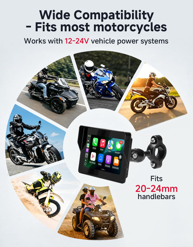 KEMIMOTO 5 Inch Motorcycle Screen, Auto Brightness – Wireless CarPlay & Android Auto, Waterproof GPS Navigation Display with Handlebar Mount – for Road, Touring, Adventure