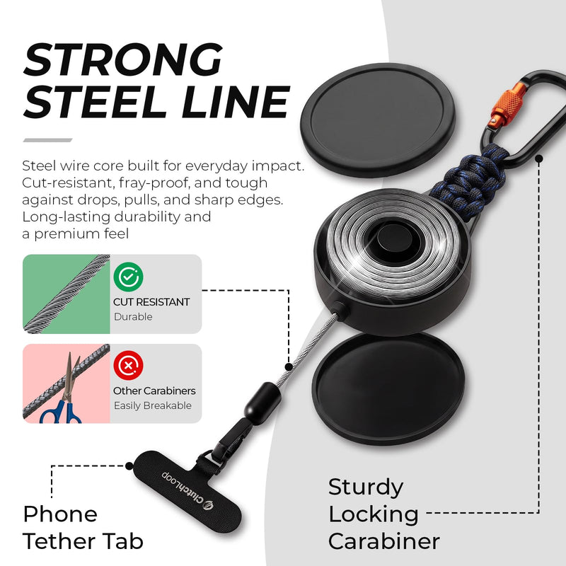 Anti Theft Retractable Steel Phone Lanyard with Carabiner & 360° Tether Tab For Skiing, Hiking, Fishing, Travel. Black