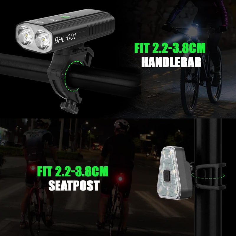 [AUSTRALIA] - 3000 Lumens Super Bright Bike Lights for Night Riding, 5000mAh USB C Rechargeable LED Bicycle Light Front and Rear, Headlight and Back Tail Light Set for Road Mountain Black 1 Set 