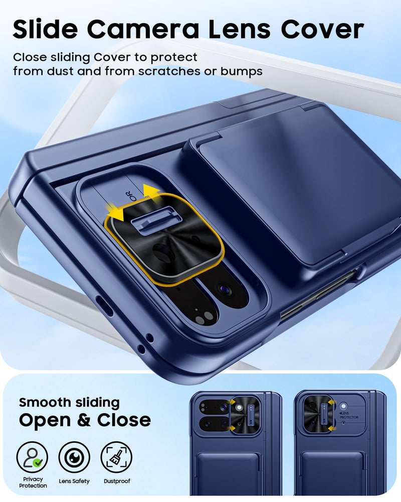 [AUSTRALIA] - CENMASO for Google Pixel 10 Pro Fold Case with Card Holder [RFID Blocking] Camera Cover, Hinge Protection, Dual Hidden Kickstand, Screen Protector, Shockproof Phone Case for Pixel 10 Pro Fold (Blue) Blue-wallet 