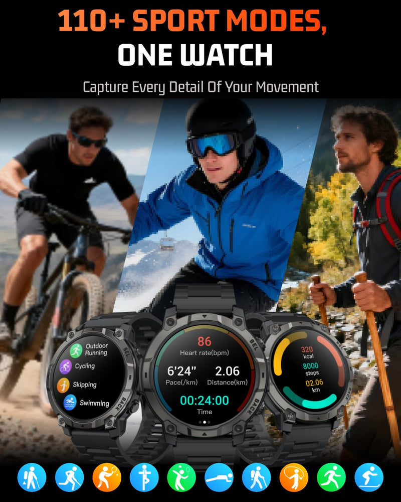 Men’s Smart Watch - Bluetooth Calling, IP68, 24/7 Sleep Monitor, Fitness Step Tracker, 110 Sports Modes, for Android iOS (Jet Black, 1.51) Classic Jet Black