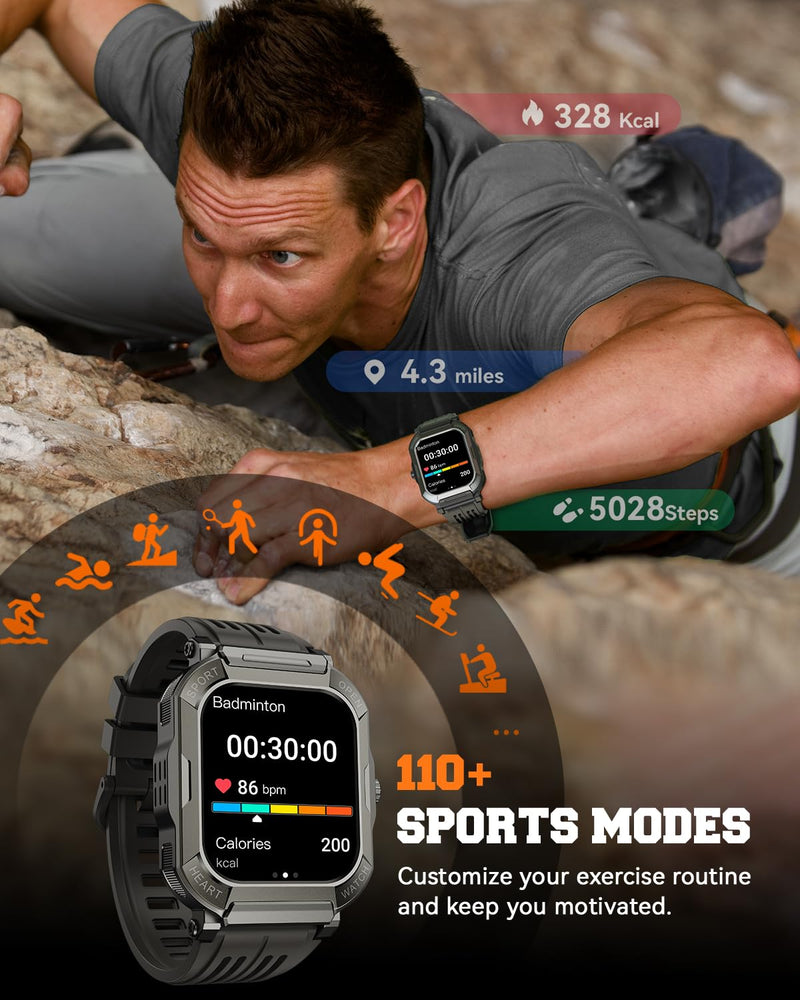 Smart Watch for Men Fitness Tracker: Military Digital Mens Watches Bluetooth Make Answer Call Running Waterproof Smartwatch Android Phones iPhone Samsung Compatible Sleep Monitor Step Pedometer Black 1.91