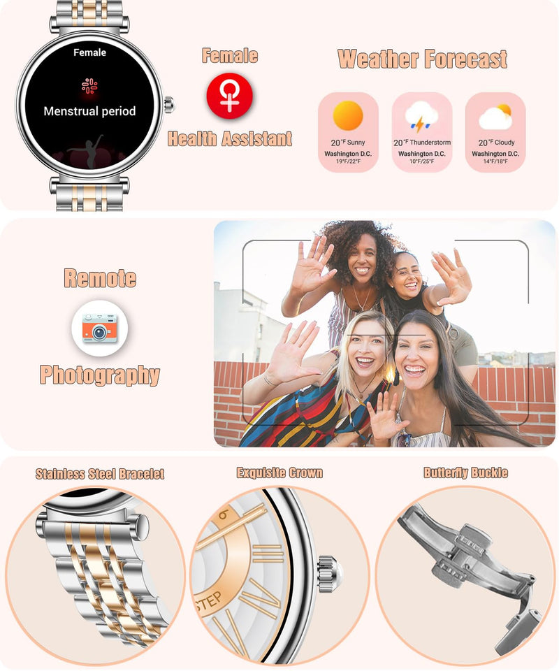 Watch for Women, 1.25" AMOLED HD Screen Women's Smartwatch, Fitness Tracker with Heart Rate/Sleep Monitor, Bluetooth Call, IP67 Waterproof, Compatible with iOS & Android (Two-Tone Silver) Two-Tone Silver