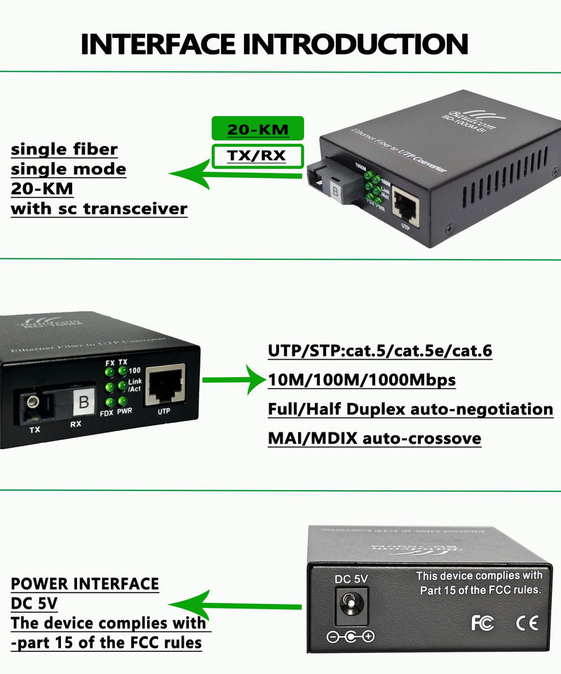 Gigabit Ethernet Fiber Media Converter 10/100/1000M, SC Single Transceiver, 20KM Single Mode, RJ45 to 1000Base-LX, BIDI 20KM