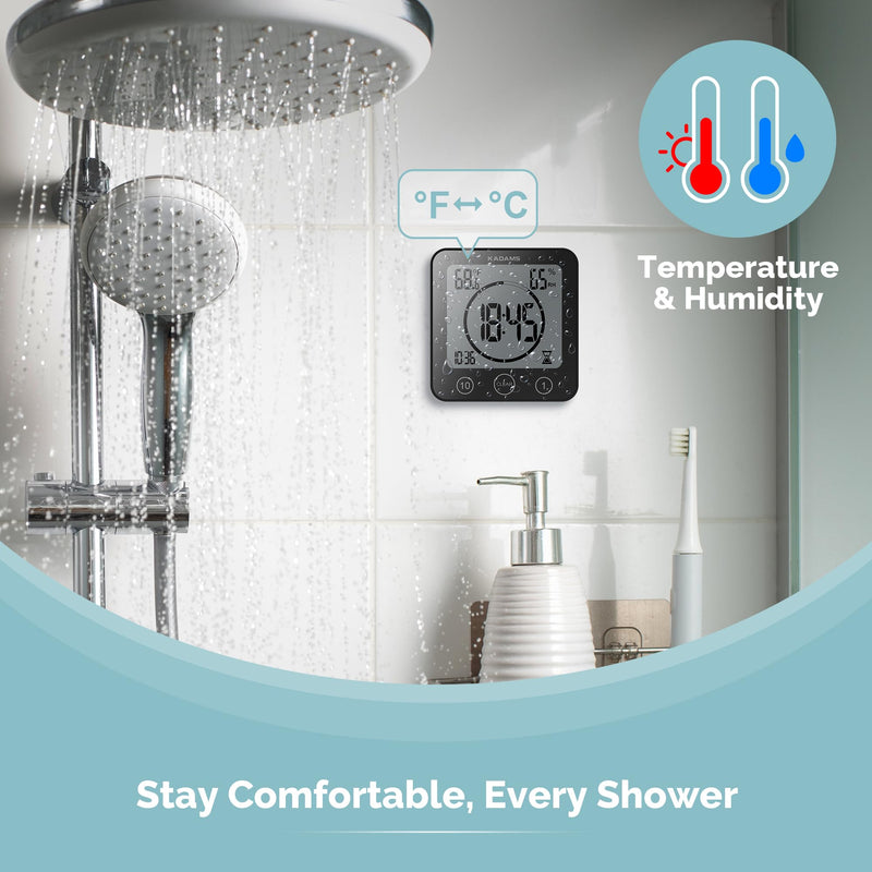 [AUSTRALIA] - KADAMS Shower Clock Waterproof Bathroom Timer – Digital Wall Clock with Countdown, Magnetic Kitchen Clock with Temperature & Humidity, Suction Cup for Kids Shower Spa Cook Bath (Black) Black 