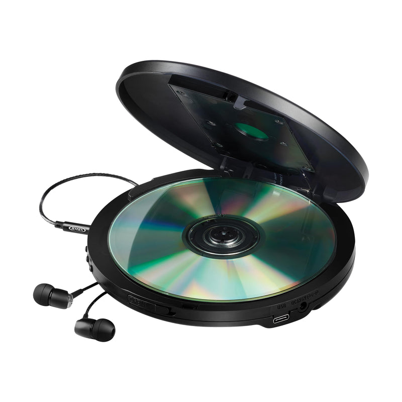 Jensen Portable CD Player Bluetooth 5.0 for Car with FM Transmitter, MP3 CD Playback, 60 Sec- Anti-Skip, Bass Boost, Rechargeable CD Player, Stereo Sport Earbuds (Matte Black)