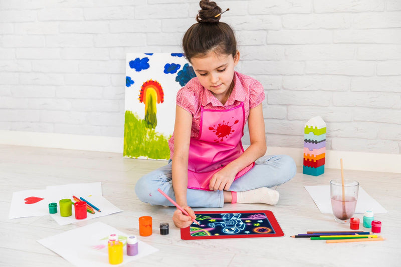 waheed LED Drawing Tablet,Magic Pad , Includes Smooth Fun Guide. Glow Boost , 6Double Sided Markets, 42 Stencils, Dry Erasers., Blue, 10.3*7.8*0.8