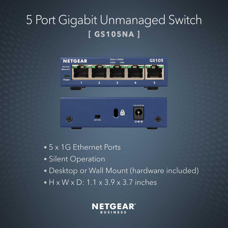 NETGEAR 5-Port Gigabit Ethernet Unmanaged Network Switch (GS105NA) | Desktop or Wall Mount