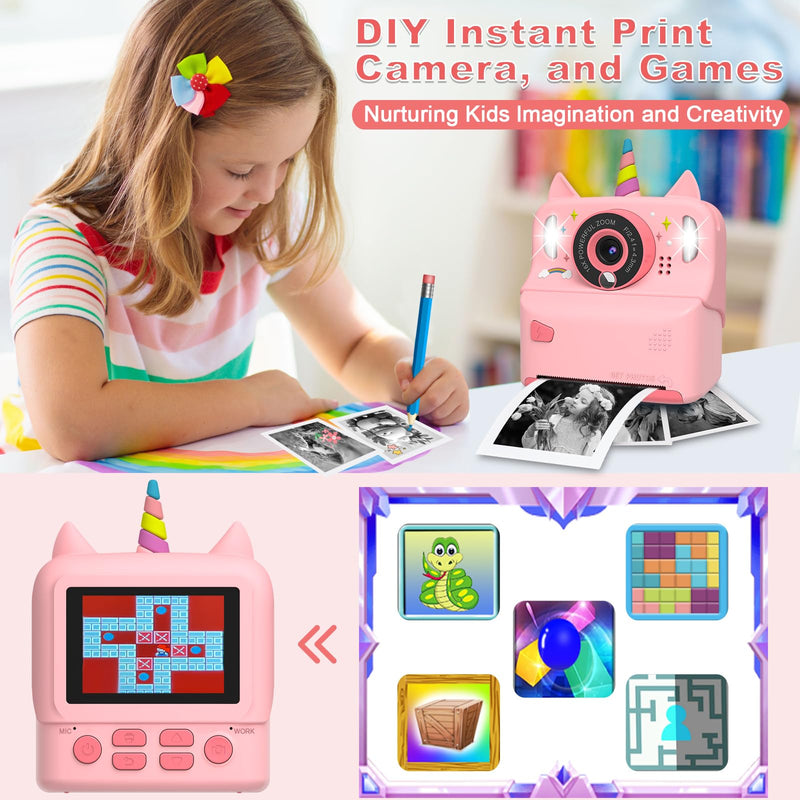 Instant Print Camera for Kids - Christmas Birthday Gift Toy for Girl Boy Age 3-9, Children Selfie Digital Cameras with Cartoon Soft Silicone Cover, Print Black White Photo with 32GB Card (Pink) Pink