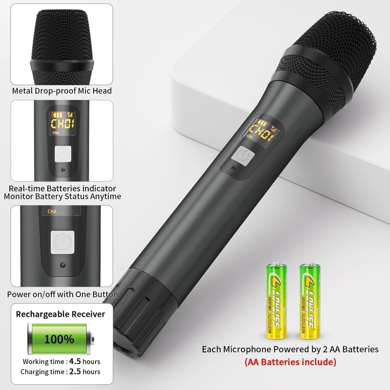 [AUSTRALIA] - Wireless Microphones, Professional UHF Metal Dual Handheld Cordless Dynamic Mic System with Rechargeable Receiver, 1/4" Output, 160ft Range, Auto Connect for Karaoke, Party Singing, Church, Speech, DJ Red&Gray 