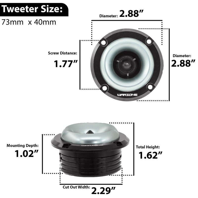 Warzone 2X WZ20TW 2.88-Inch Super Tweeter Speaker, 4 Ohm, 1000W Total Max Power, 105dB Sensitivity, Titanium Diaphragm, CCAW Voice Coil for Pro Car Audio (Pair)