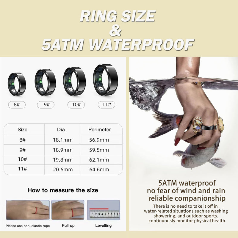 Smart Ring Health Rings Waterproof Heart Rate Monitor Step Calorie Counter Pedometer Distance Sleep Tracker Long Battery Life Sports iOS & Android Smart Rings for Men Women