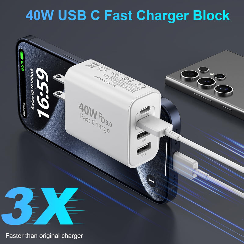 40W USB C Wall Charger Block,4 Port Type C Charger Fast Charging Brick Dual Pd & QC Fast Charger Cube Wall Plug Power Adapter for iPhone 15/14/13/12/11/Pro Max/XS/XR,iPad,Samsung,Pixel,2Pack White