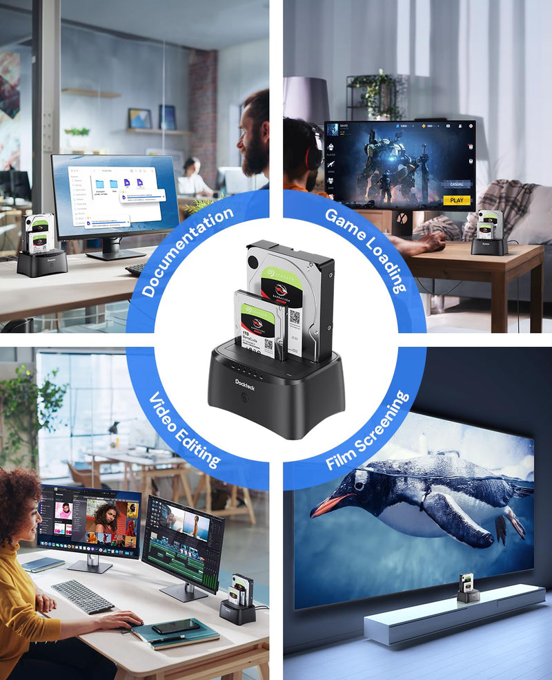Hard Drive Docking Station, dockteck USB 3.0 to SATA Dual Bay External Hard Drive Enclosure for 3.5 or 2.5 inch SATA HDD SSD with Offline Clone 2 Bay Black