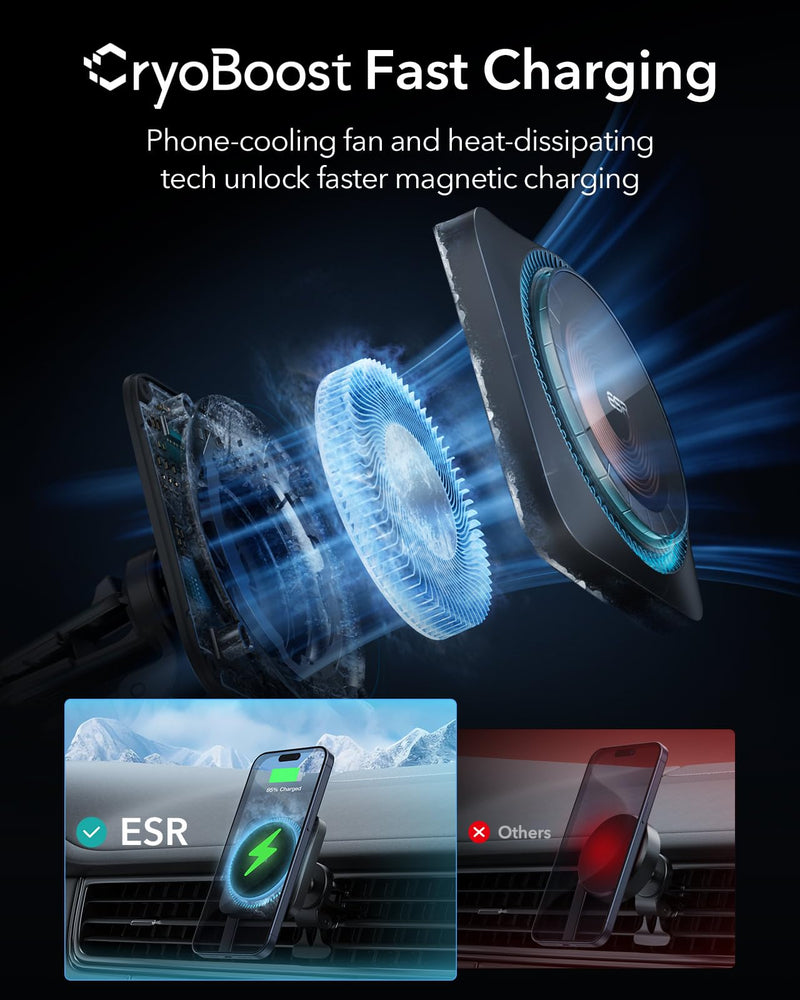 ESR for MagSafe Car Mount Charger with CryoBoost Cooling for iPhone 17-12 | Phone Cooling Magnetic Wireless Car Charger, Air Vent & Dashboard Fast Charging Car Phone Holder, Compatible with S26/S25