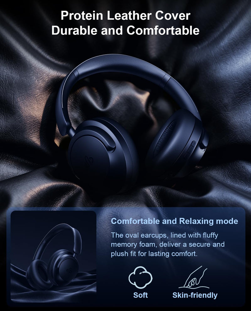 Hybrid Active Noise Cancelling Headphones, Over-Ear Bluetooth Headphone with Hi-Res Audio, 60H Playtime, Deep Bass, Transparency Mode, Foldable Comfort Cups, Graduation Gifts for Travel Office - Navy