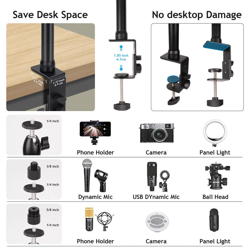 Taisioner Camera Desk Mount with 360° Ball Head, 15.7"-35.4" Adjustable Aluminum Alloy Stand - 6.6LBS Load C Clamp for DSLR, Ring Light, Live Streaming, Photo/Video Shooting