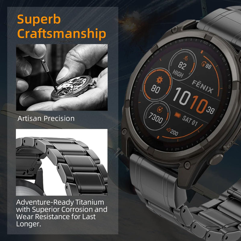Luxury Titanium Fenix 8 51mm/7X/6X/5X Plus Band, 26mm Premium Metal Quickfit Bands Watch Strap with Swept Wing Clasp Compatible for Garmin Fenix 7X Pro/6X Pro/5X Plus/Enduro 3/Tactix 7 Bands Black