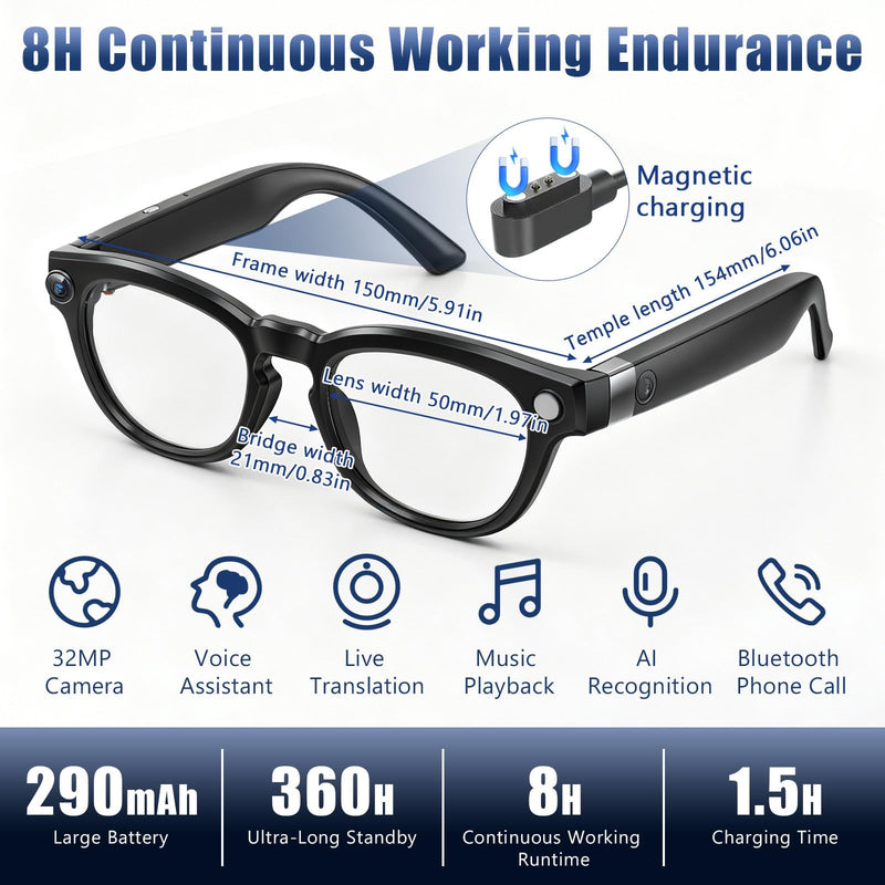 AI Smart Glasses with 1080P HD Camera, AI Real-Time Translation, Bluetooth Audio – Smart Glasses with Camera, Hands-Free Video Recorder for Travel, Sports, Outdoor Use (Black) Black