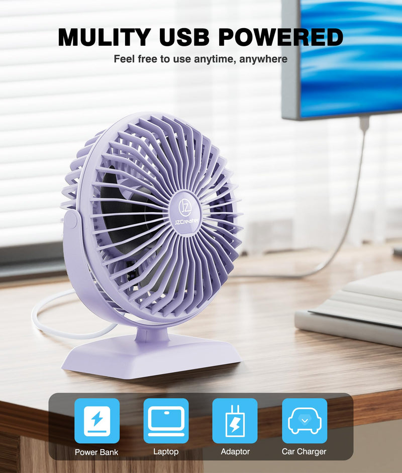 JZCreater Desk Fan, USB Fan for Desk, Strong Airflow, 360 Degree Rotation Desktop Cooling Personal 3 Speed, Quiet Mini Powered, Protable Small Home Office Bedroom Car Travel,Purple 4.9inch JZC-E282 1 Purple