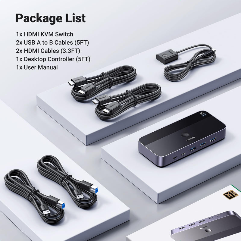 UGREEN HDMI KVM Switch 1 Monitor 2 Computers, Aluminum, 4K@60Hz, 4 USB 3.0 | for 2 PCs, KVM Switches Shares 1 Monitor, Keyboard, Mouse, Webcam, HDCP 2.2, HDR, 3D, with 2 HDMI & 2 USB Cables, Controller