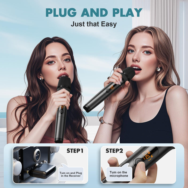 Wireless Two Microphone System with Dual-Channel Receiver, Professional UHF Metal Dual Handheld Cordless Dynamic Mic, 160 ft Range, Microphone for Karaoke, Party Singing, Lecture, DJ, Wedding