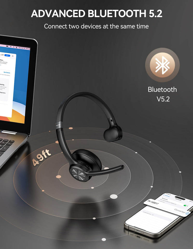 [AUSTRALIA] - TECKNET Trucker Bluetooth Headset, Wireless Headset with Mic for Work, V5.2 Bluetooth Headphones with AI Noise Cancelling Microphone, 60H Battery, On-Ear Headphones for Call Center, Office, Drivers Black 