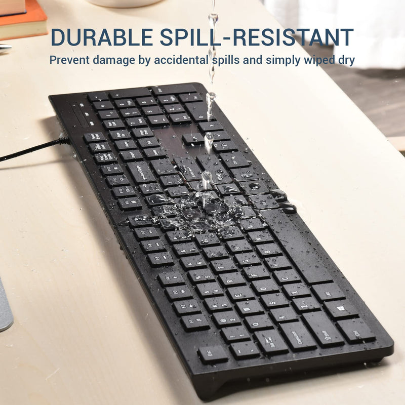 Computer Keyboard Wired, Plug Play USB Keyboard, Low Profile Chiclet Keys, Large Number Pad, Caps Indicators, Foldable Stands, Spill-Resistant, Anti-Wear Letters for Windows Mac PC Laptop, Full Size