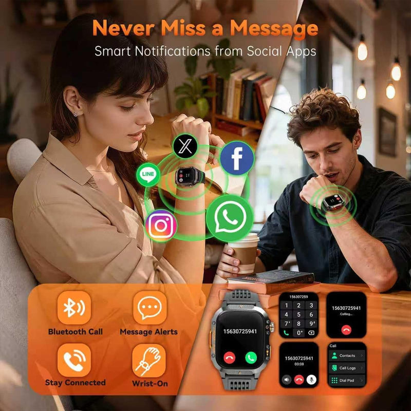 Military Fitness Tracker Smart Watch for Men, Square Black, 1.7" HD | Multiple Sports Modes, 600mAh Battery, IP68 Waterproof, SpO2 Monitor, Flashlight