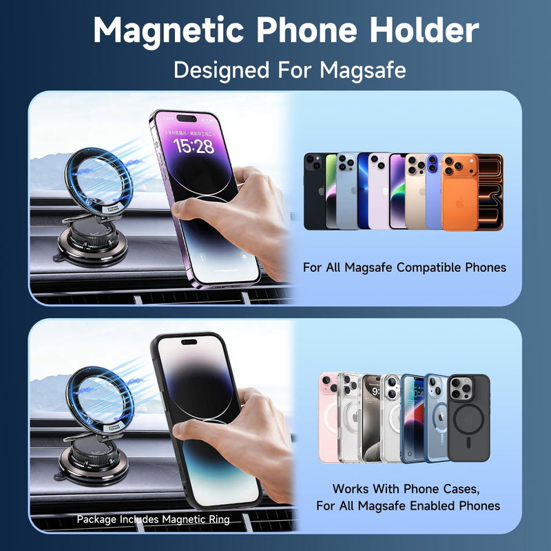 Car Phone Holder, Strong Suction Cup 360° Adjustable Magnetic Phone Mount for Dashboard Windshield, Universal Car Phone Stand Compatible with iPhone 17 16 Pro Max and All Smartphones (Black) Black
