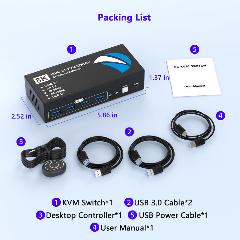 8K@60Hz HDMI DisplayPort KVM Switch 2 Monitors 2 Computers, 4K@120Hz Dual Monitor KVM Switches HDMI DisplayPort for 2 Computers Share 2 Monitors and 4 USB Devices for Keybord Mouse Printer Hard Drive