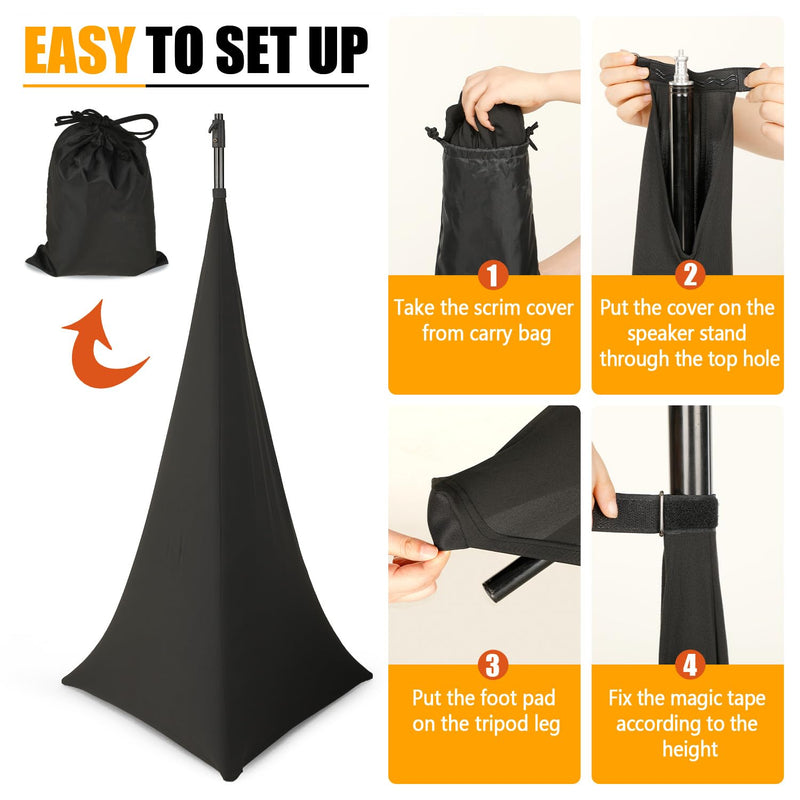 2 Pcs Speaker Stand Cover 360 Degree Black Speaker Skirt Cover DJ Tripod Stretchable Scrim with Storage Bag for Stage Gig Party Wedding Banquet