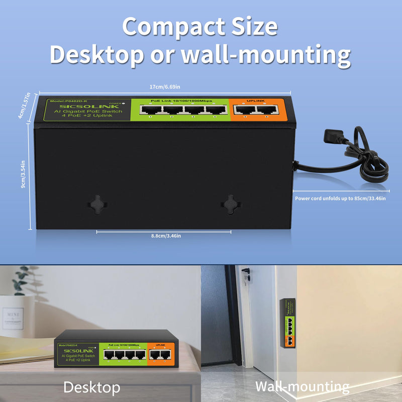 6-Port Gigabit PoE+ Switch, 4 PoE+ Ports & 2 Gigabit Uplink | 65W Total Power, 30W Per Port, IEEE 802.3af/at, Unmanaged Fanless Metal Housing Black 6 Port | 4*PoE+ (1000Mbps)