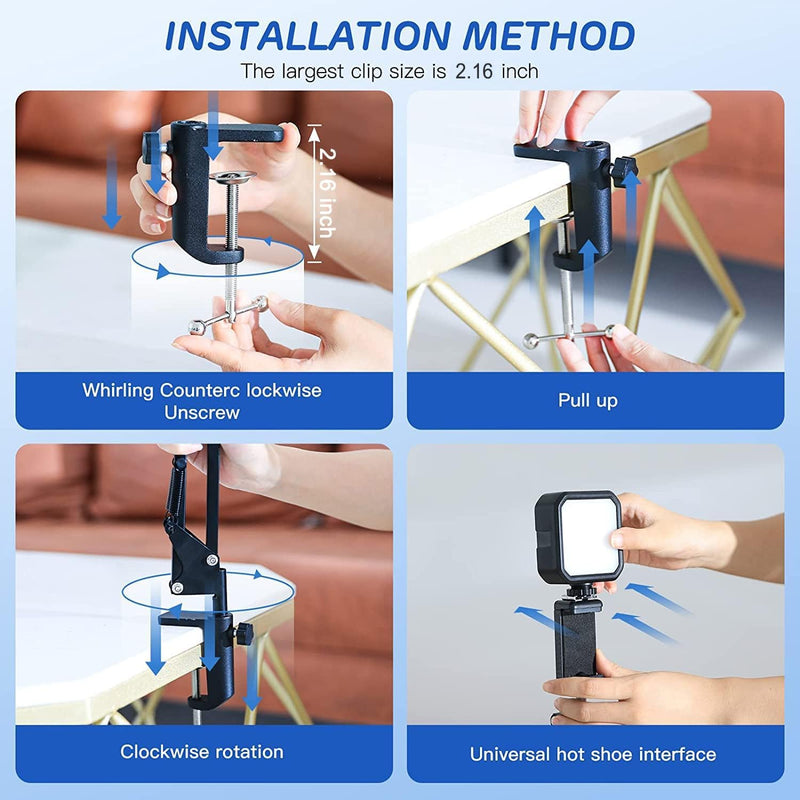 Overhead Phone Mount, Articulating Arm Cell Phone Holder with LED Light, Flexible Phone Stand for Live Streaming,Video Recording,Drawing,Cooking