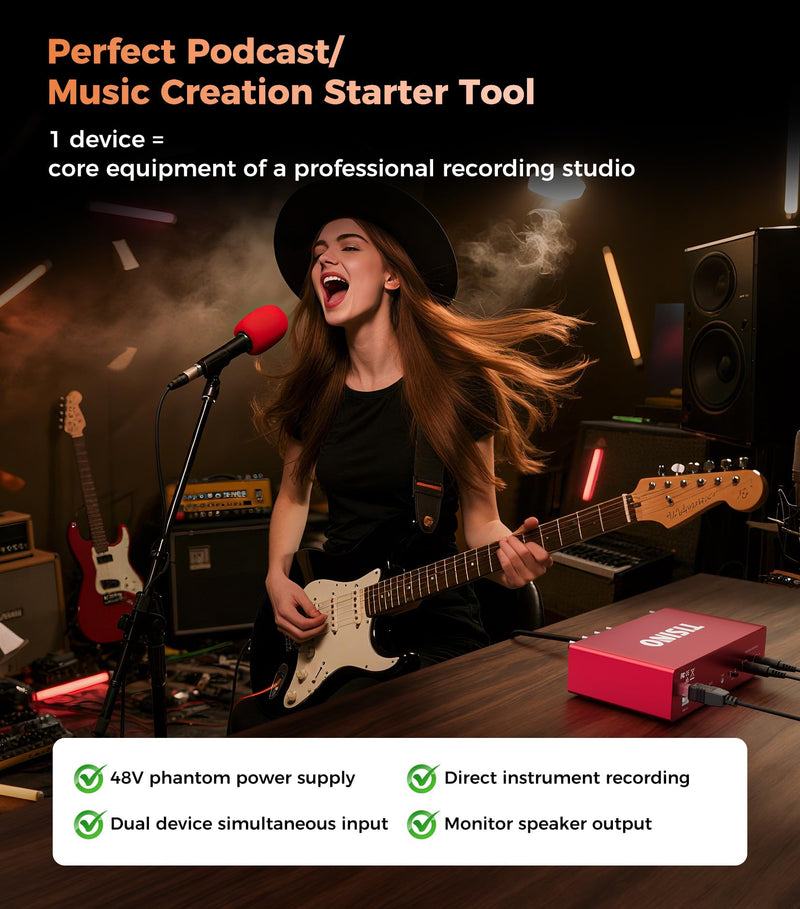 TISINO Audio Interface 2i2-24Bit/192kHz, USB Audio Interface for Recording, Songwriting, Streaming and Podcasting, Plug & Play Studio Interface with 48V Phantom Power, PC/Mac/iOS Compatible,RED Classic Red