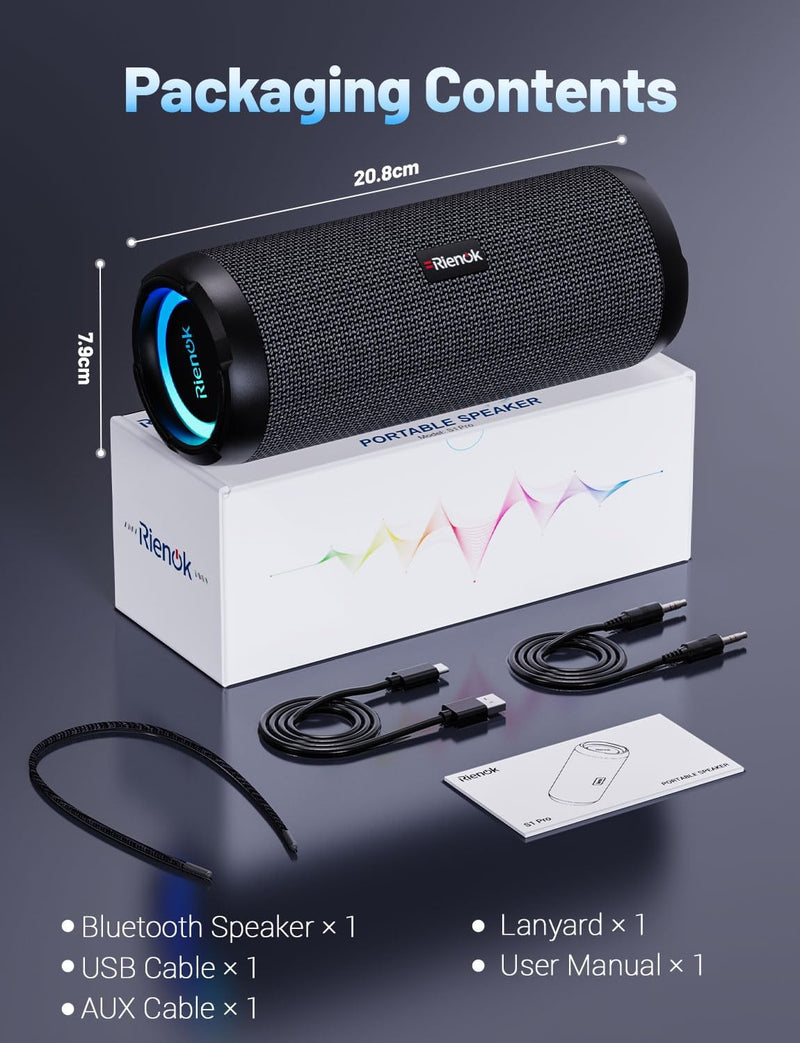 [AUSTRALIA] - RIENOK Portable Bluetooth Speaker 30W Dual Pairing True Wireless Stereo HD Sound IPX7 Waterproof Outdoor Sport Shower Wireless Speaker Bluetooth 5.3 for Home Party Black 3600mAh 