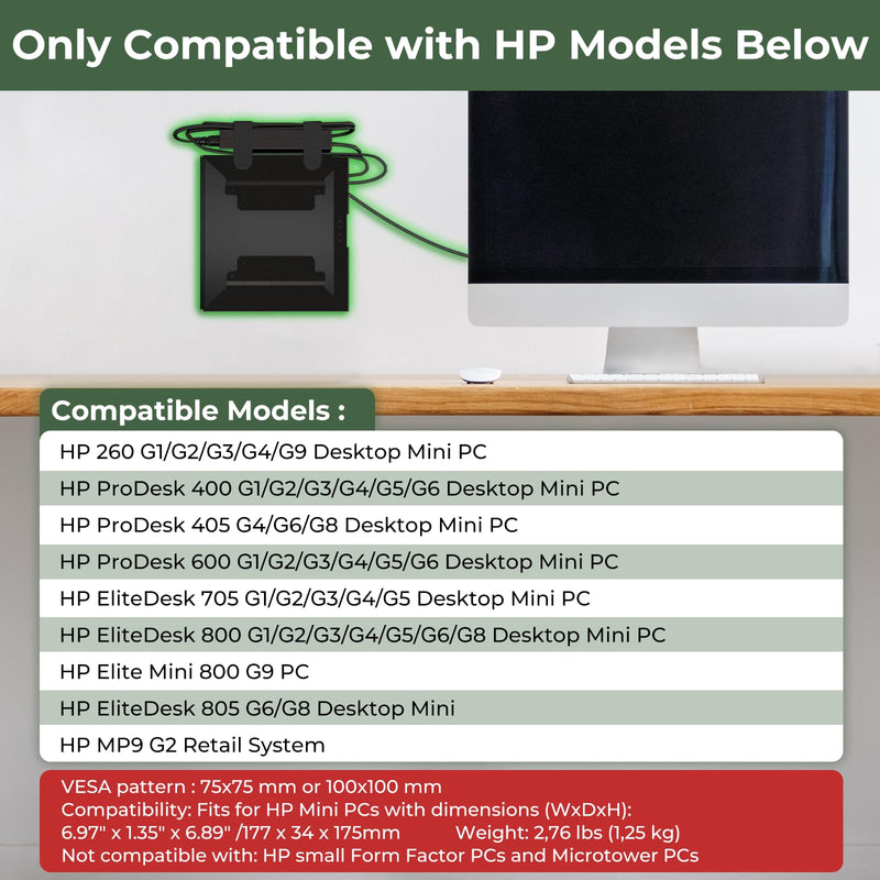 Mini PC VESA Mount for HP, Under Desk, Wall Mount, VESA Mount & Attach to Monitor Arm Mount, Compatible with HP EliteDesk 800 G2 G3 G4 G5 ProDesk 600 G1 G2 G3, Includes All Screws and Cable Straps
