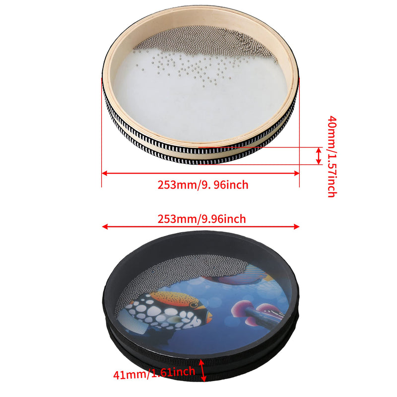 Bstinay 2pcs 10Inch Wooden Ocean Drum Hand Percussion Wave Bead Sea Sound Drum with Fish Pattern