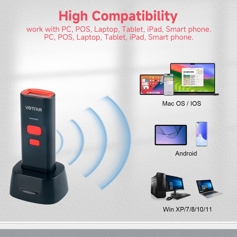 [AUSTRALIA] - VOTTAN Bluetooth QR Barcode Scanner with Charge Stand, 1D 2D PDF417 UPC Pocket Bar Code Reader, 3-in-1 Rechargeable Automatic Scan Wireless Barcode Scanner for POS, PC, iOS, Android 