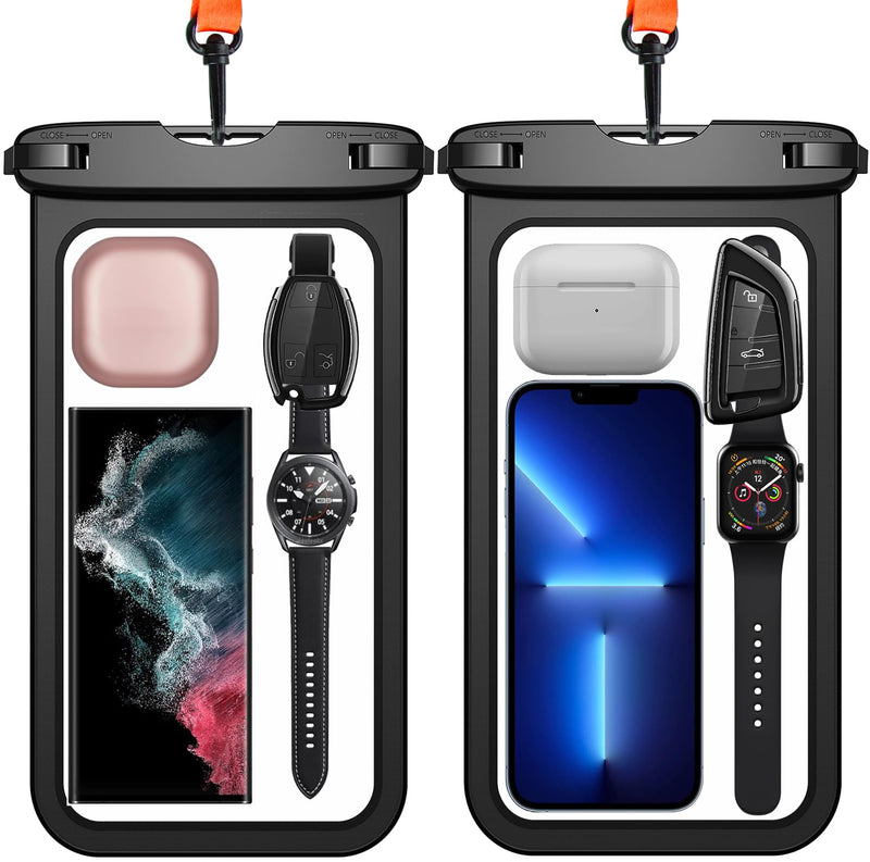 Temdan 2 Pcs Waterproof Phone Pouch, [Up to 10" Large] Universal IPX8 Waterproof Cell Phone Case Dry Bag with Lanyard for iPhone 15 Pro Max/14/13/12/11/SE,Galaxy S24 Ultra/S23/S22 for Vacation -Black Large 10" Black&Black