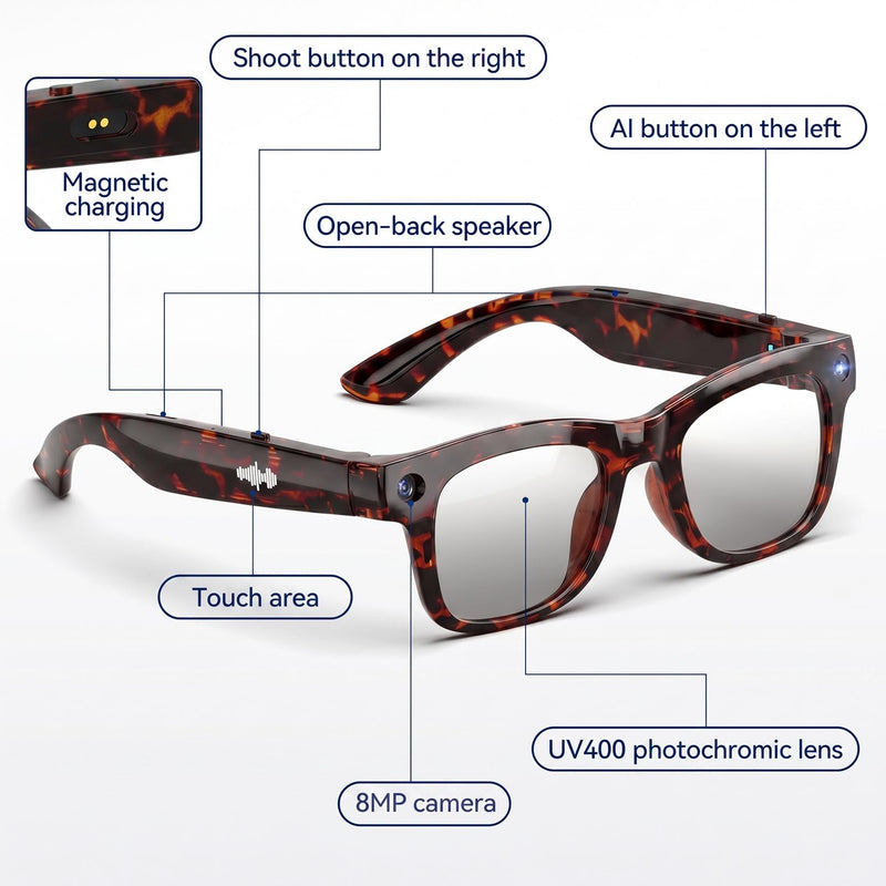 AI Smart Glasses with HD Camera, BT Call, 8MP Anti-Shake Camera Glasses with 1080P Video Recording Dual Mic, Simultaneous Interpretation/GPT Identify Objects, Photochromic Lens Leopard Print