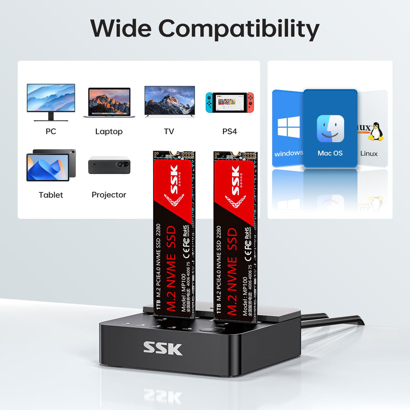 SSK M.2 SSD Cloner NVMe Duplicator Dual Bay Dock NVMe Enclosure Reader | For M Key PCIe NVMe Enclosure, 20Gbps USB3.2 Gen 2X2, Offline Clone Function, UASP Supported, Plug & Play, Tool Free